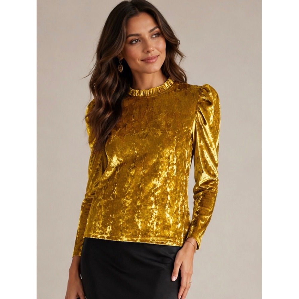 Moodie Mustard Gold Crushed Velvet Puff Shoulder Ruffle Neck Top New Medium